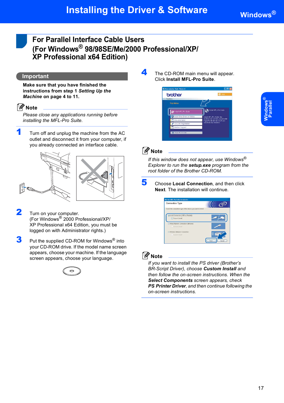 For parallel interface cable users (for windows, For parallel interface cable users, For windows | Installing the driver & software, Windows | Brother MFC-8870DW User Manual | Page 19 / 60