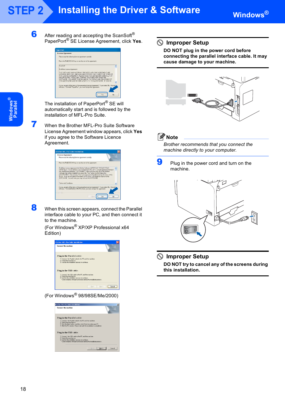 Step 2, Installing the driver & software, Windows | Improper setup | Brother MFC-8870DW User Manual | Page 20 / 60