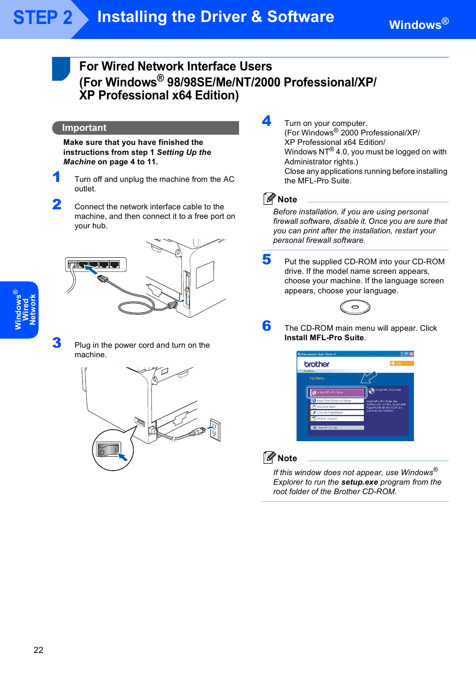 For wired network interface users (for windows, For wired network interface users, For windows | Step 2, Installing the driver & software, Windows | Brother MFC-8870DW User Manual | Page 24 / 60