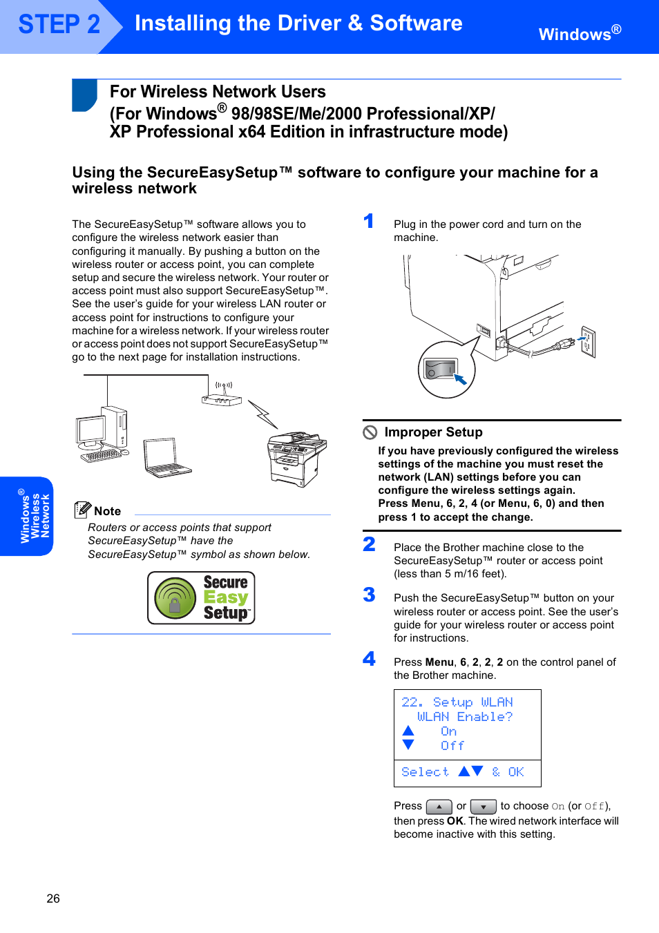 For wireless network users (for windows, In infrastructure mode), 98/98se/me/2000 professional/xp | Step 2, Installing the driver & software, Windows | Brother MFC-8870DW User Manual | Page 28 / 60