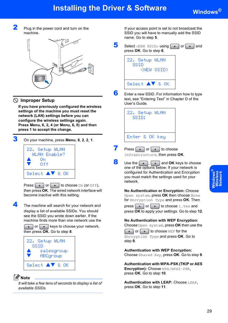 Installing the driver & software, Windows, Setup wlan wlan enable? a on b off select ab & ok | Setup wlan ssid <new ssid> select ab & ok, Setup wlan ssid: enter & ok key | Brother MFC-8870DW User Manual | Page 31 / 60