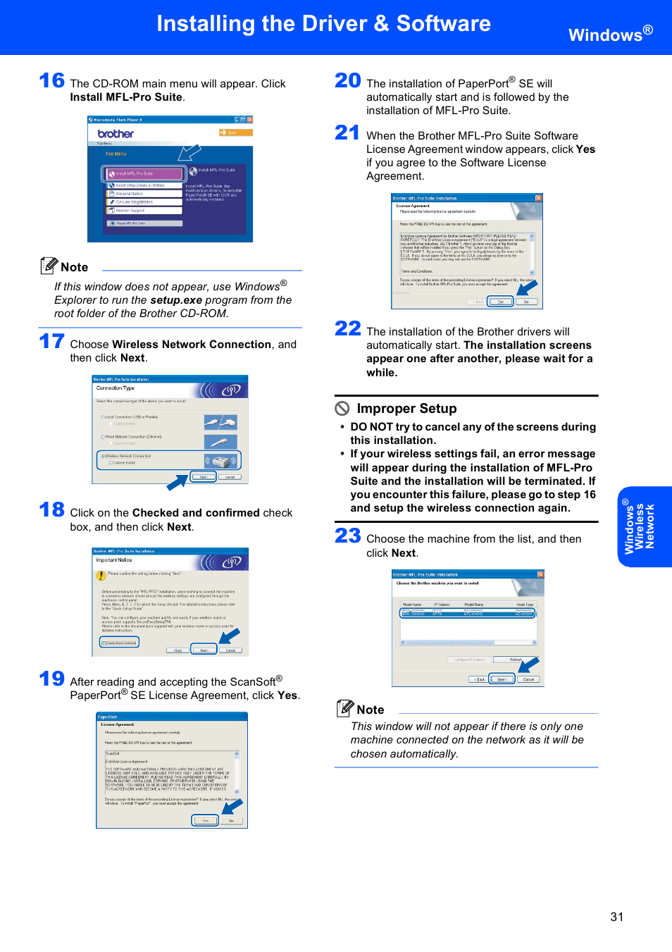 Installing the driver & software, Windows, Improper setup | Brother MFC-8870DW User Manual | Page 33 / 60