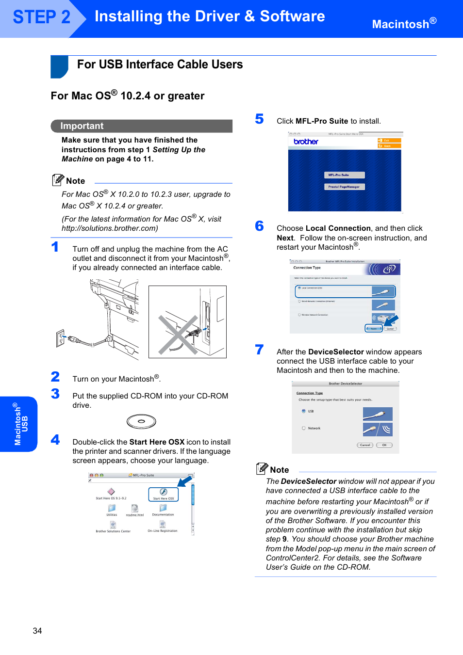 Macintosh, For usb interface cable users, For mac os® 10.2.4 or greater | For mac os, 4 or greater, Step 2, Installing the driver & software | Brother MFC-8870DW User Manual | Page 36 / 60