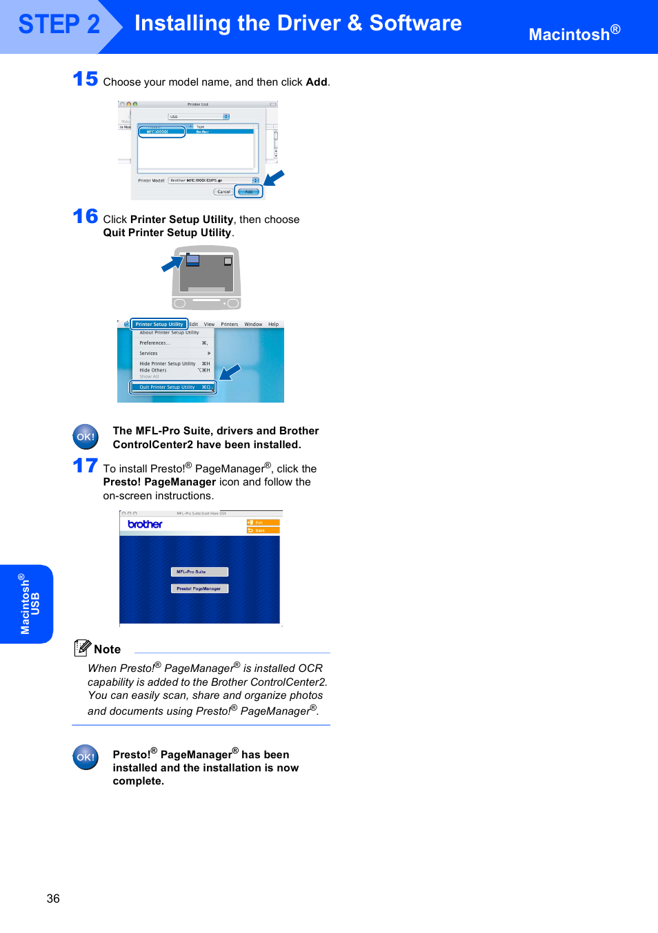 Step 2, Installing the driver & software, Macintosh | Brother MFC-8870DW User Manual | Page 38 / 60