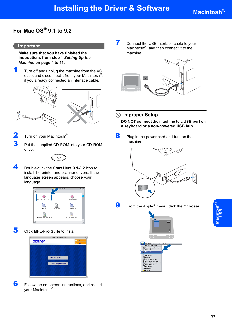For mac os® 9.1 to 9.2, For mac os, 1 to 9.2 | Installing the driver & software, Macintosh | Brother MFC-8870DW User Manual | Page 39 / 60