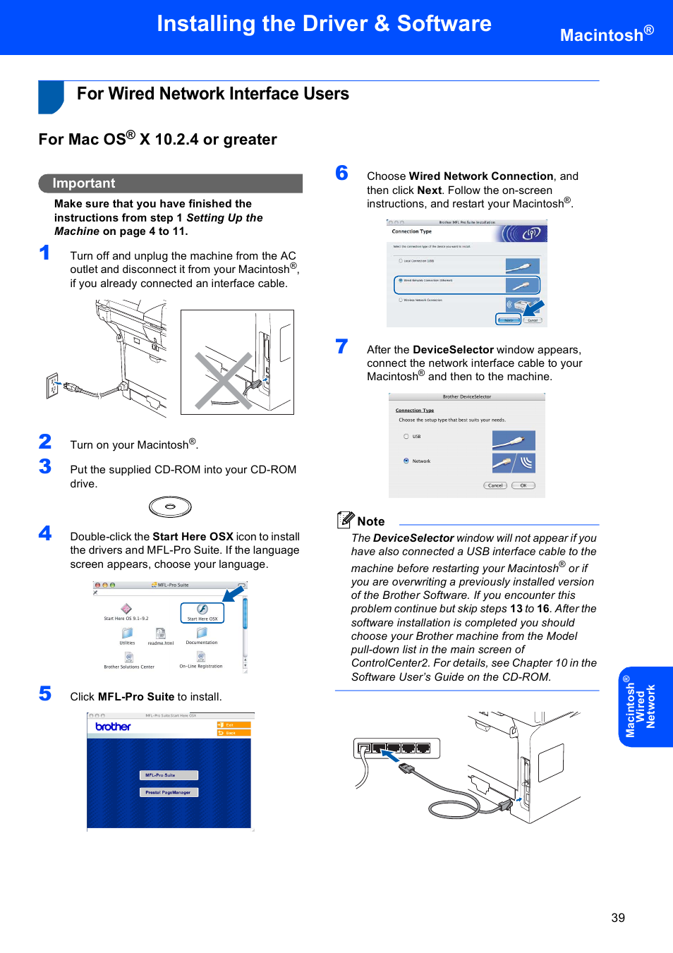 For wired network interface users, For mac os® x 10.2.4 or greater, For mac os | X 10.2.4 or greater, Installing the driver & software, Macintosh, Important | Brother MFC-8870DW User Manual | Page 41 / 60