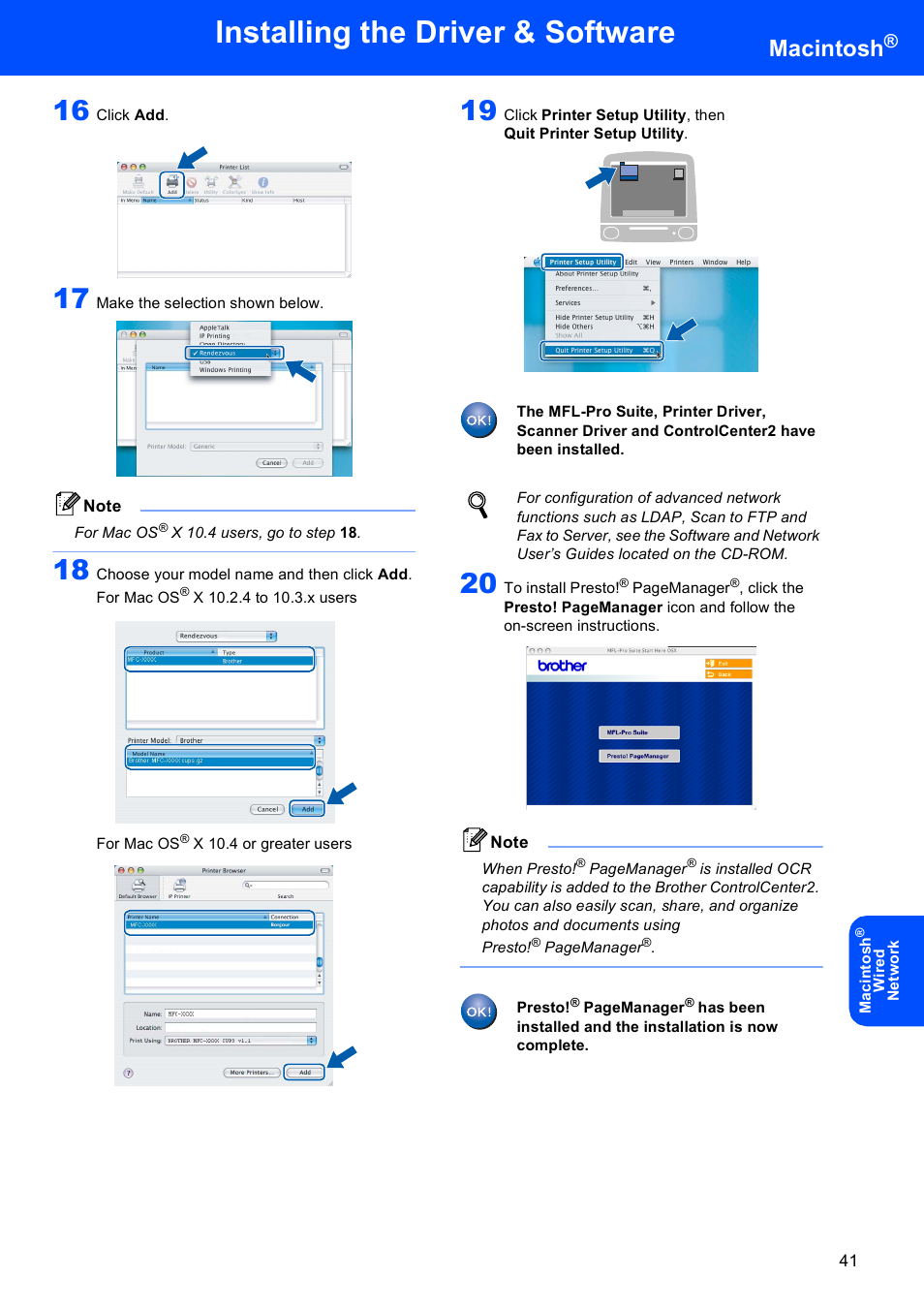 16 . a, Installing the driver & software, Macintosh | Brother MFC-8870DW User Manual | Page 43 / 60