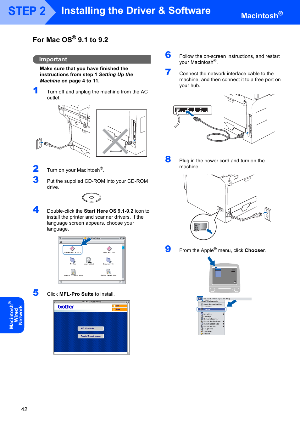 For mac os® 9.1 to 9.2, For mac os, 1 to 9.2 | Step 2, Installing the driver & software, Macintosh | Brother MFC-8870DW User Manual | Page 44 / 60