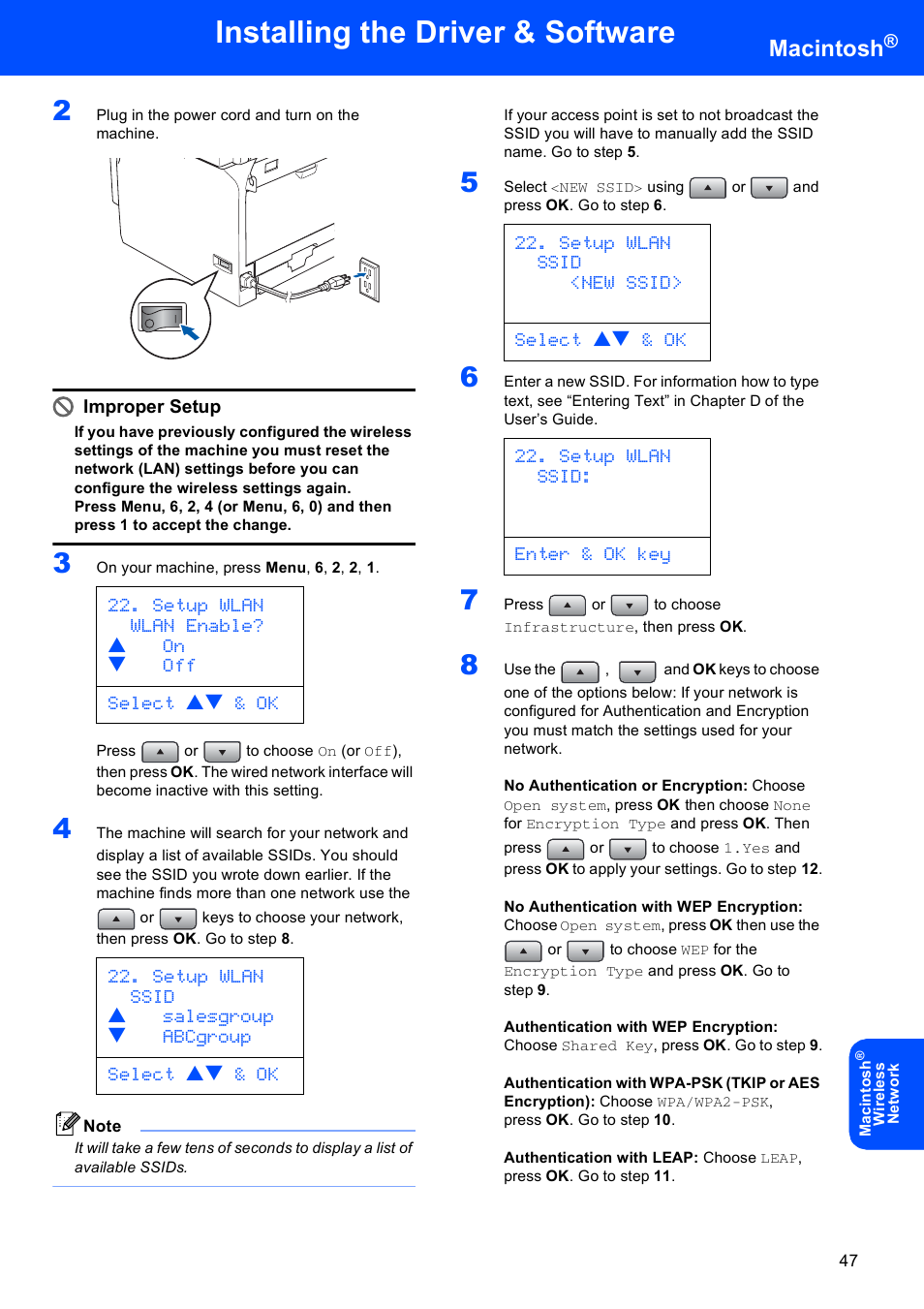 Installing the driver & software, Macintosh, Setup wlan wlan enable? a on b off select ab & ok | Setup wlan ssid <new ssid> select ab & ok, Setup wlan ssid: enter & ok key | Brother MFC-8870DW User Manual | Page 49 / 60