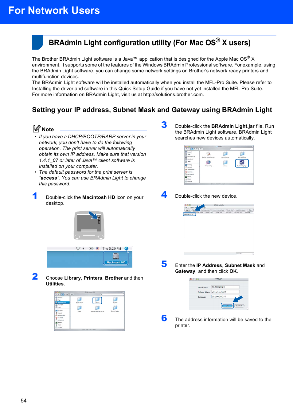 Bradmin light configuration utility (for mac os, X users), For network users | Brother MFC-8870DW User Manual | Page 56 / 60