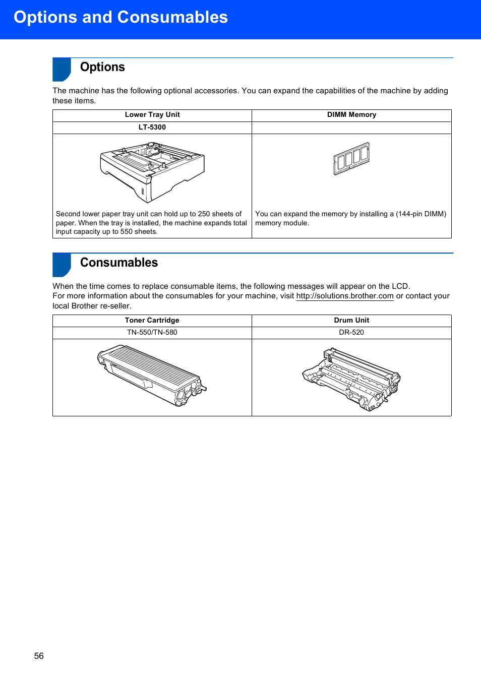 Options and consumables, Options, Consumables | Options consumables | Brother MFC-8870DW User Manual | Page 58 / 60