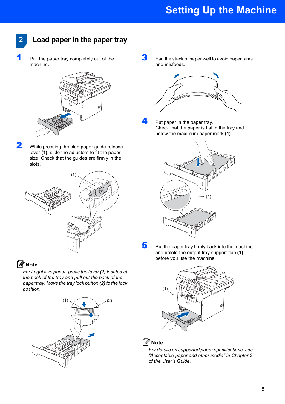 2 load paper in the paper tray, Load paper in the paper tray, Setting up the machine | 2load paper in the paper tray | Brother MFC-8870DW User Manual | Page 7 / 60