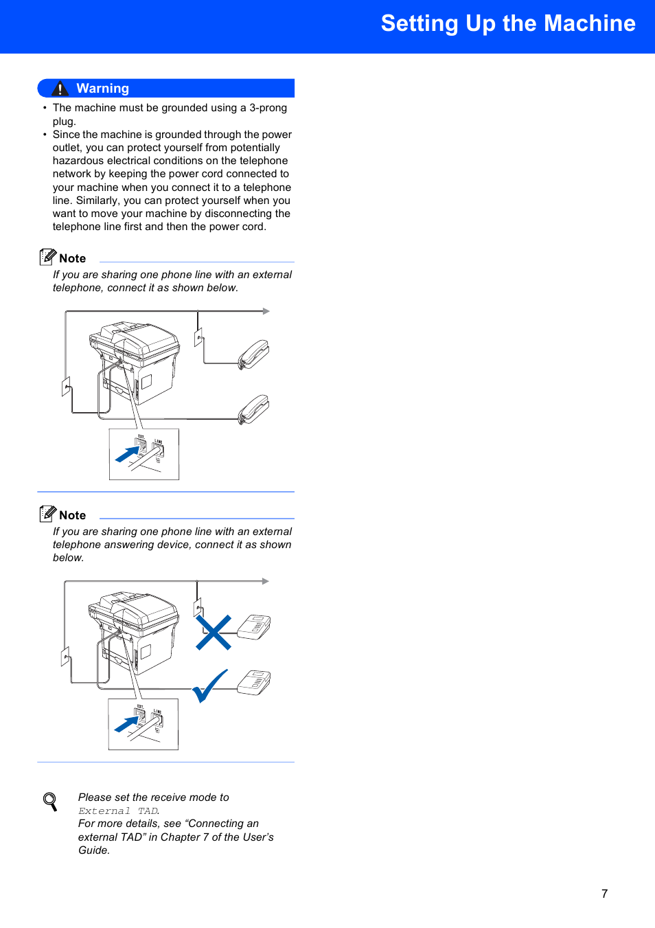 Setting up the machine, Warning | Brother MFC-8870DW User Manual | Page 9 / 60