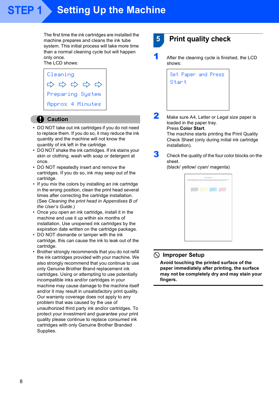 5 print quality check, Print quality check, Step 1 | Setting up the machine, 5print quality check | Brother DCP-350C User Manual | Page 10 / 35