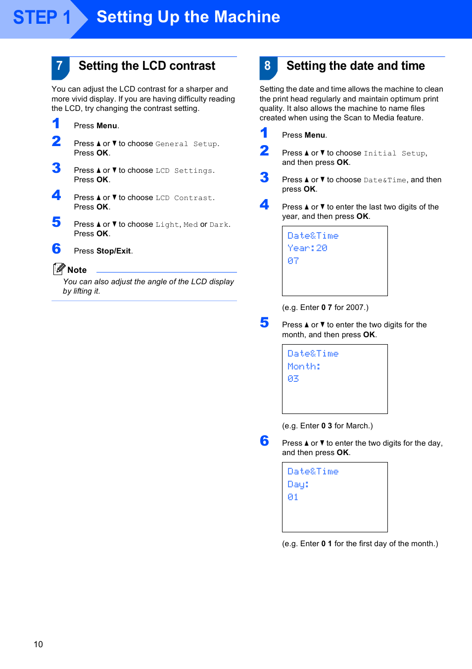 7 setting the lcd contrast, 8 setting the date and time, Setting the lcd contrast setting the date and time | Step 1, Setting up the machine, 7setting the lcd contrast, 8setting the date and time | Brother DCP-350C User Manual | Page 12 / 35