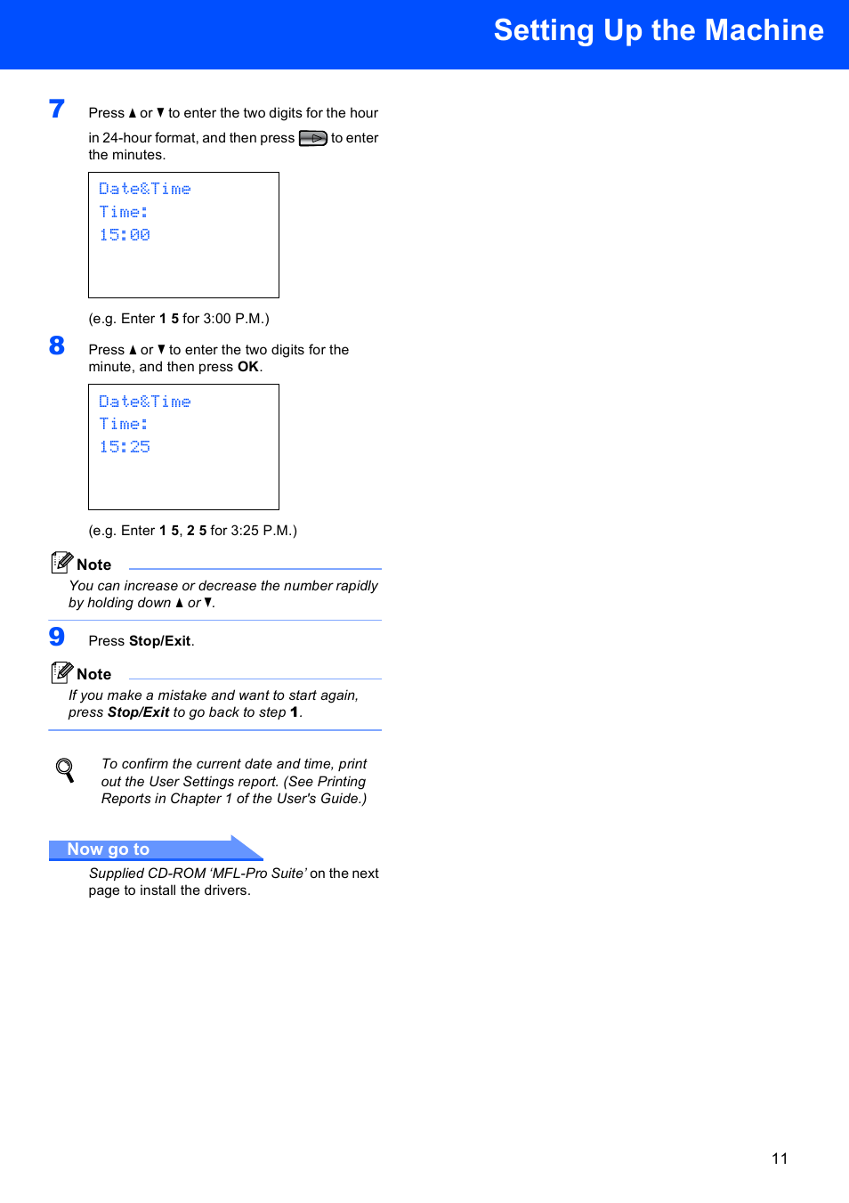 Setting up the machine, Date&time time: 15:00, Date&time time: 15:25 | Brother DCP-350C User Manual | Page 13 / 35