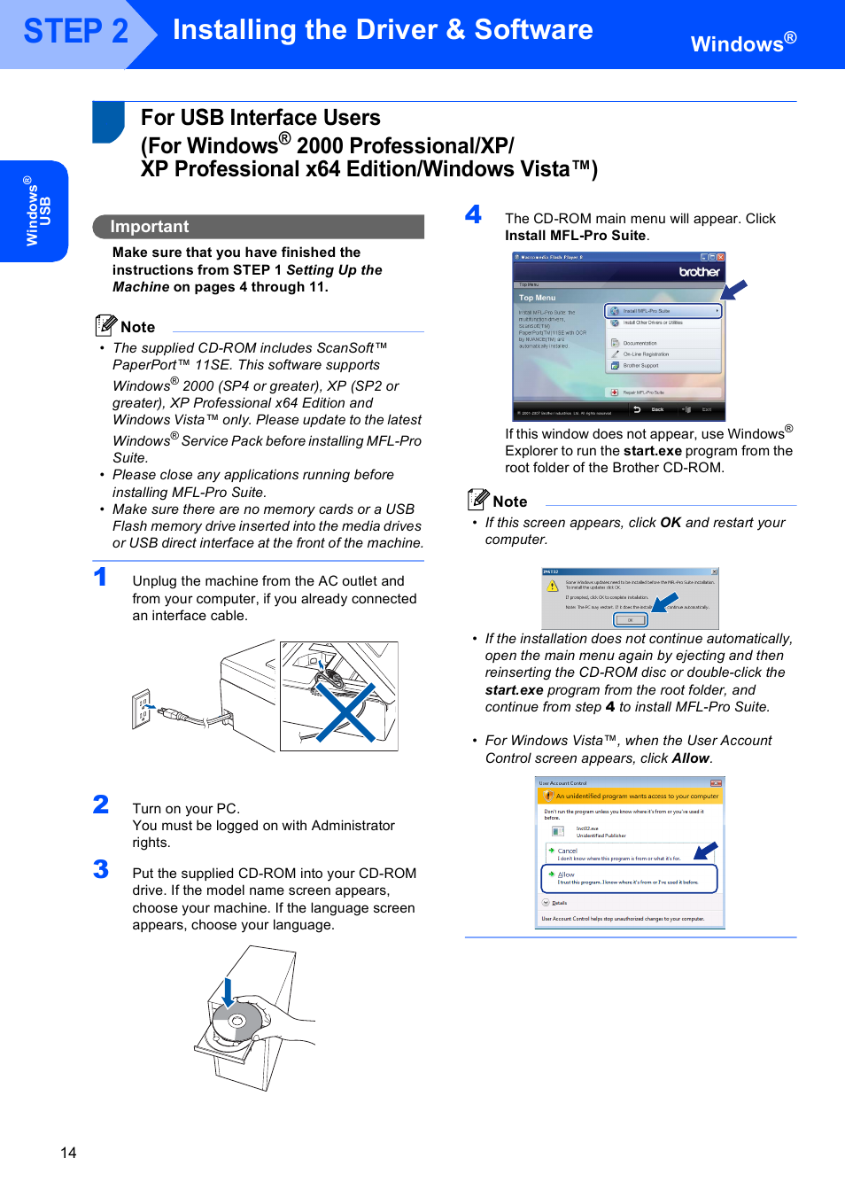 Windows, For usb interface users (for windows, For usb interface users | For windows, 2000 professional/xp, Xp professional x64 edition/windows vista™), Step 2, Installing the driver & software, Important | Brother DCP-350C User Manual | Page 16 / 35