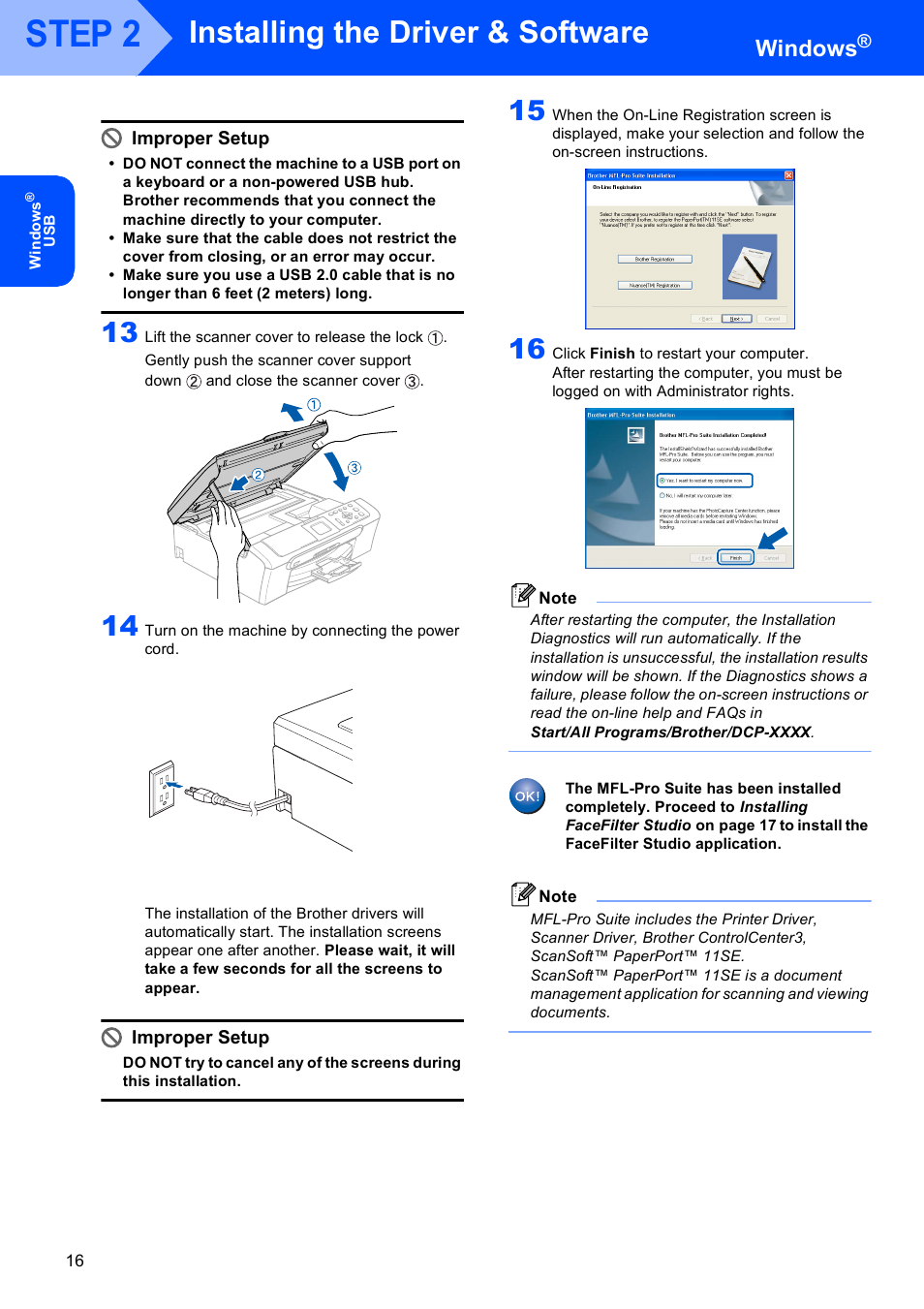 Step 2, Installing the driver & software, Windows | Improper setup | Brother DCP-350C User Manual | Page 18 / 35