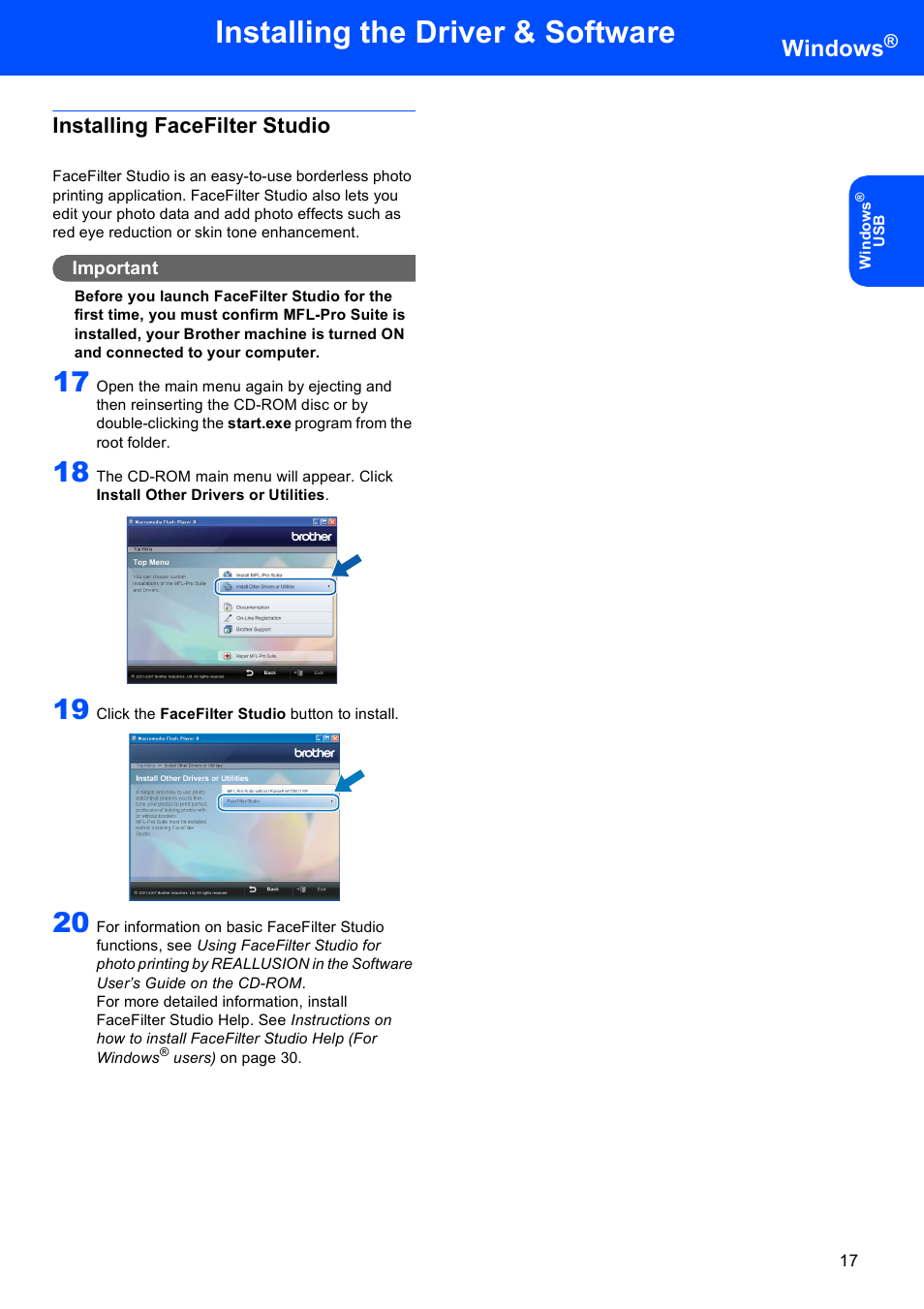 Installing facefilter studio, Installing the driver & software, Windows | Brother DCP-350C User Manual | Page 19 / 35