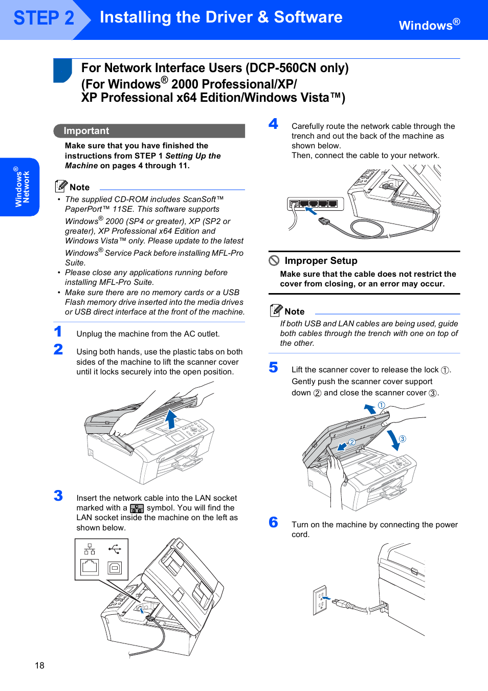 For network interface users (dcp-560cn only), For windows, 2000 professional/xp | Xp professional x64 edition/windows vista™), Step 2, Installing the driver & software, Windows | Brother DCP-350C User Manual | Page 20 / 35
