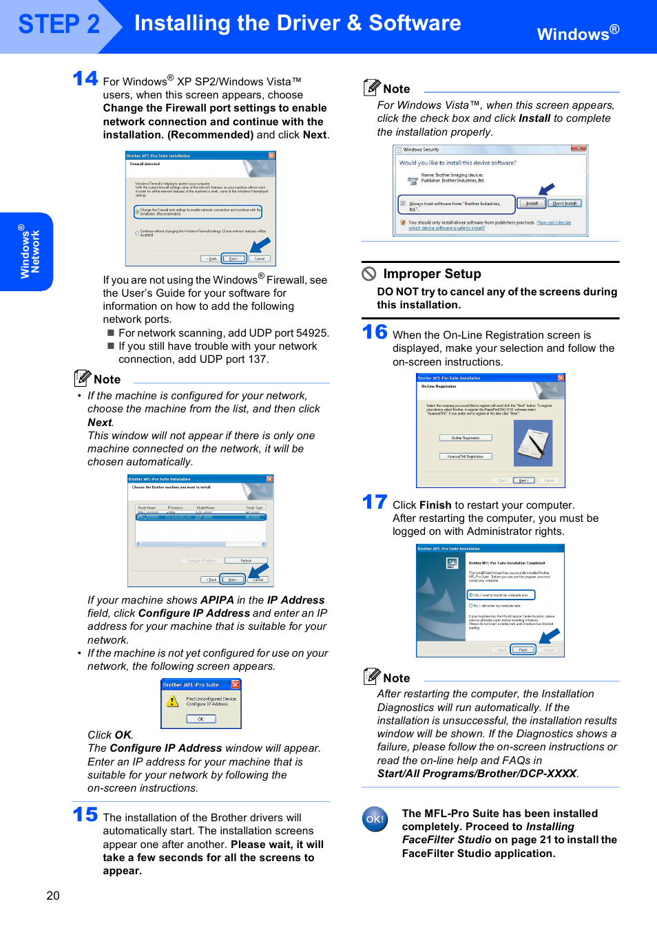 Step 2, Installing the driver & software, Windows | Improper setup | Brother DCP-350C User Manual | Page 22 / 35