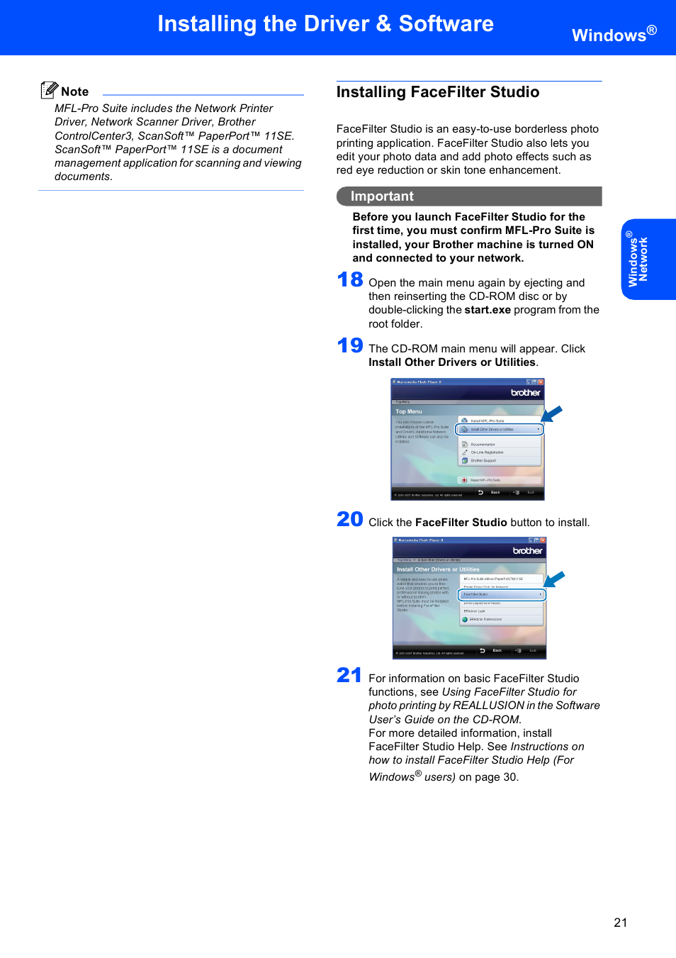 Installing facefilter studio, Installing the driver & software, Windows | Brother DCP-350C User Manual | Page 23 / 35
