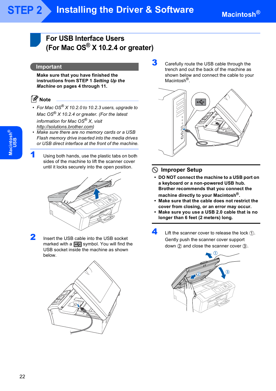 Macintosh, For usb interface users (for mac os, X 10.2.4 or greater) | For usb interface users, For mac os, Step 2, Installing the driver & software, Important, Improper setup | Brother DCP-350C User Manual | Page 24 / 35