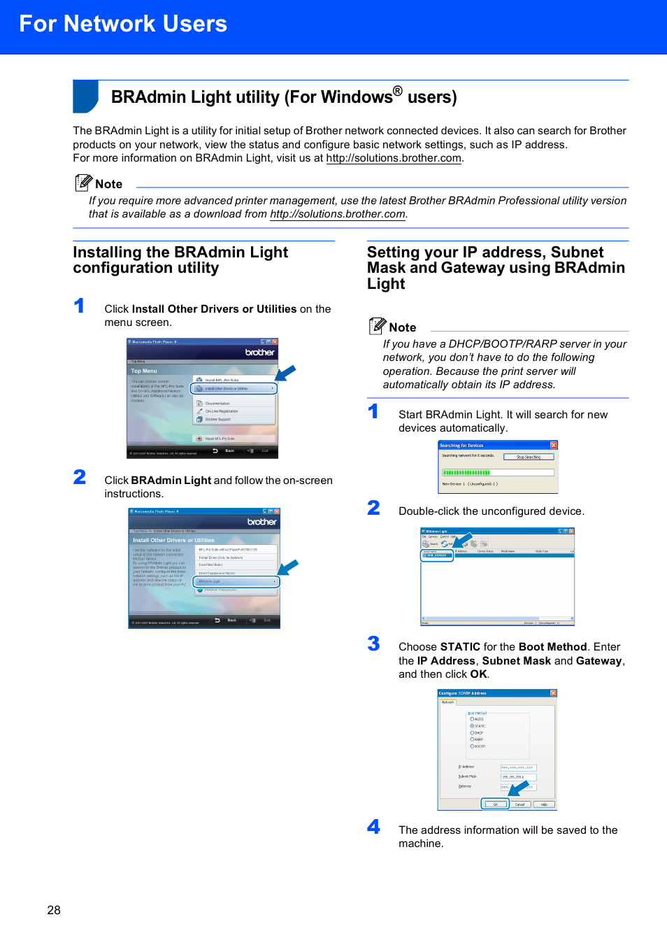 For network users, Bradmin light utility (for windows® users), Installing the bradmin light configuration utility | Bradmin light utility (for windows, Users) | Brother DCP-350C User Manual | Page 30 / 35