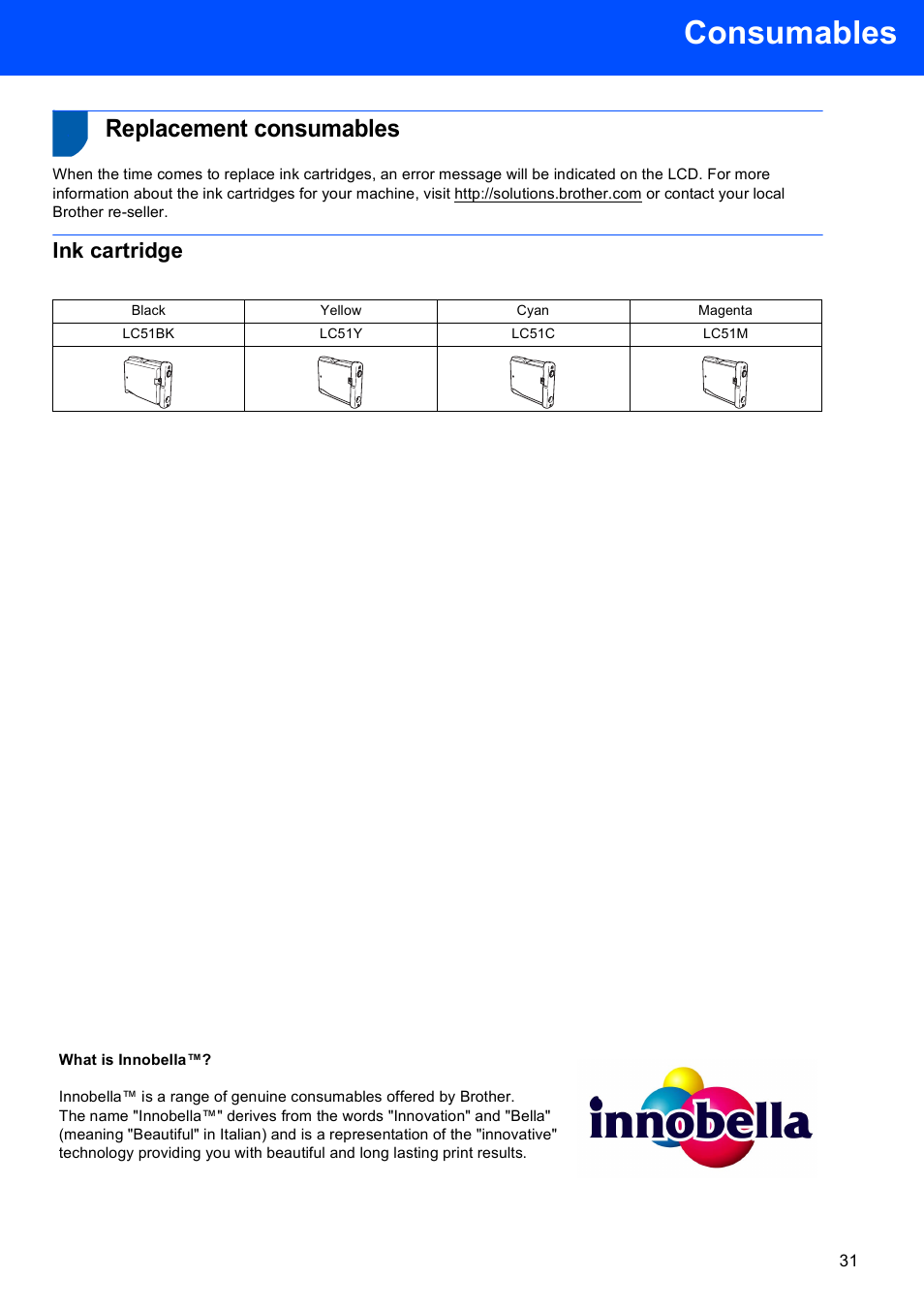 Consumables, Replacement consumables, Ink cartridge | Brother DCP-350C User Manual | Page 33 / 35