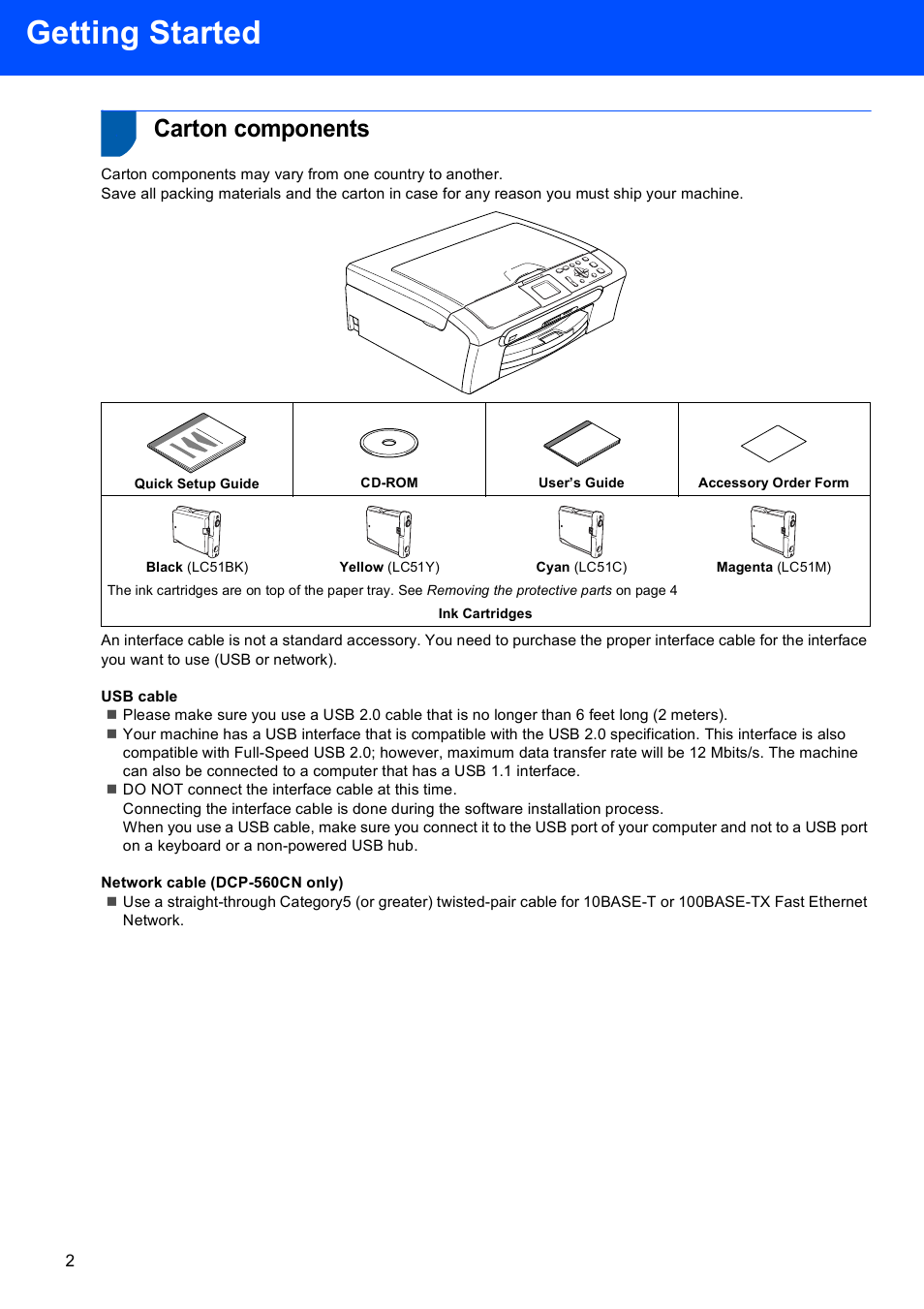 Getting started, Carton components | Brother DCP-350C User Manual | Page 4 / 35
