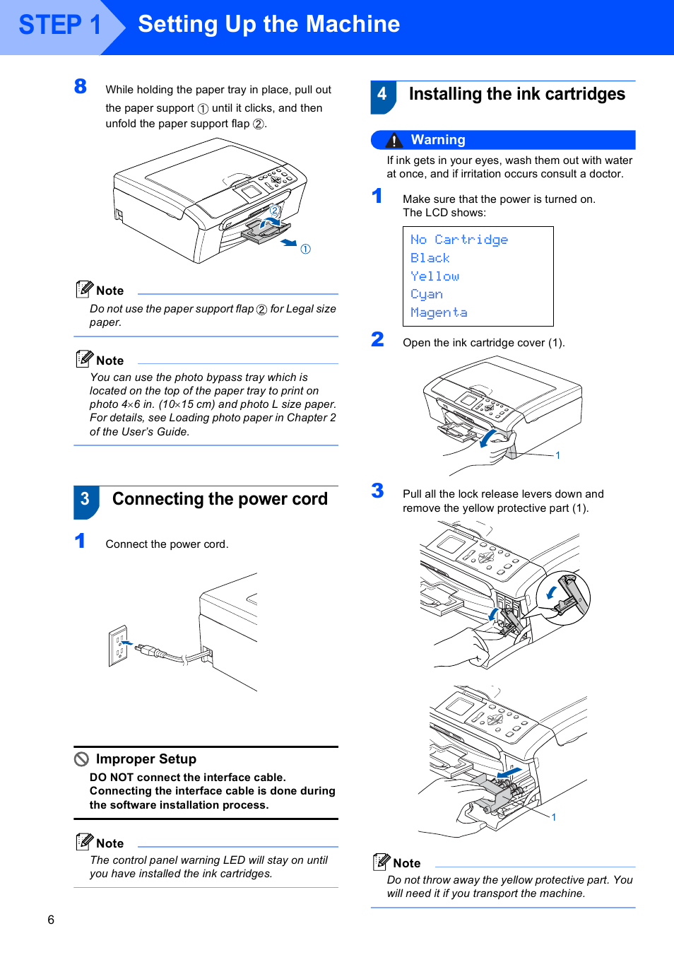 3 connecting the power cord, 4 installing the ink cartridges, Step 1 | Setting up the machine, 3connecting the power cord, 4installing the ink cartridges, No cartridge black yellow cyan magenta, Improper setup, Warning | Brother DCP-350C User Manual | Page 8 / 35