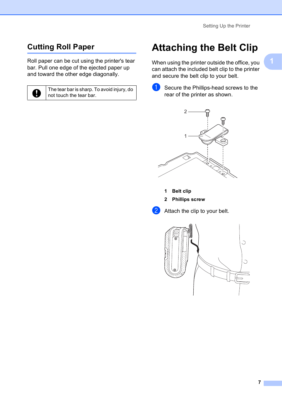 Cutting roll paper, Attaching the belt clip, 1cutting roll paper | Brother RJ-4040 User Manual | Page 11 / 62