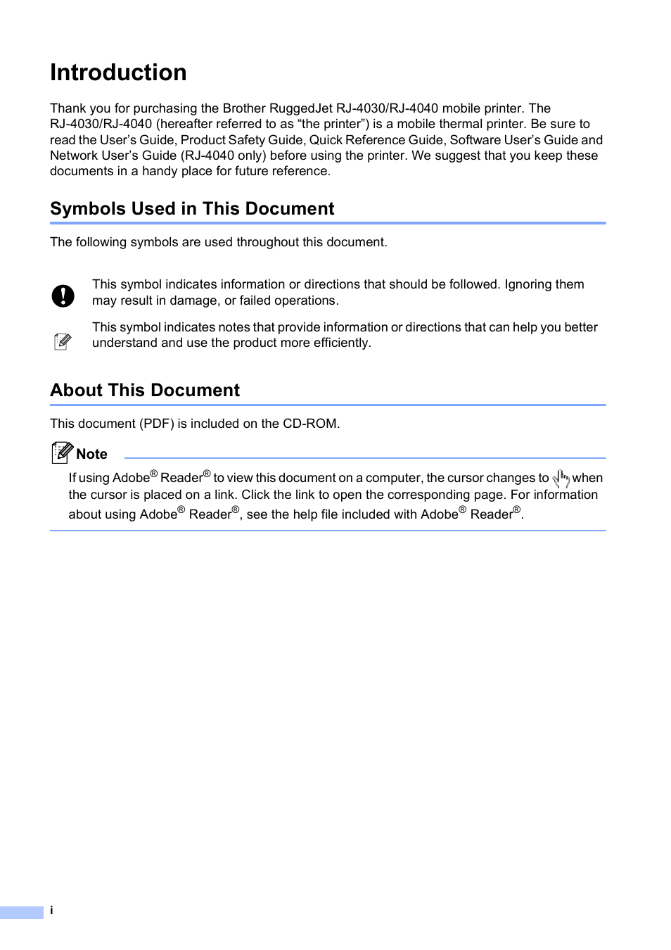 Introduction, Symbols used in this document, About this document | Brother RJ-4040 User Manual | Page 2 / 62