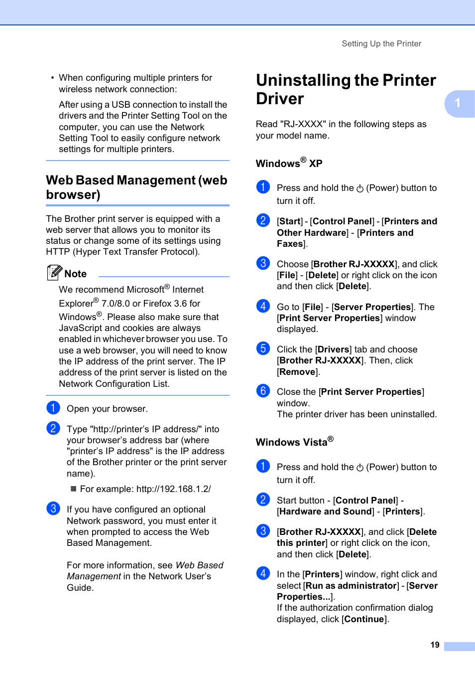 Web based management (web browser), Uninstalling the printer driver | Brother RJ-4040 User Manual | Page 23 / 62