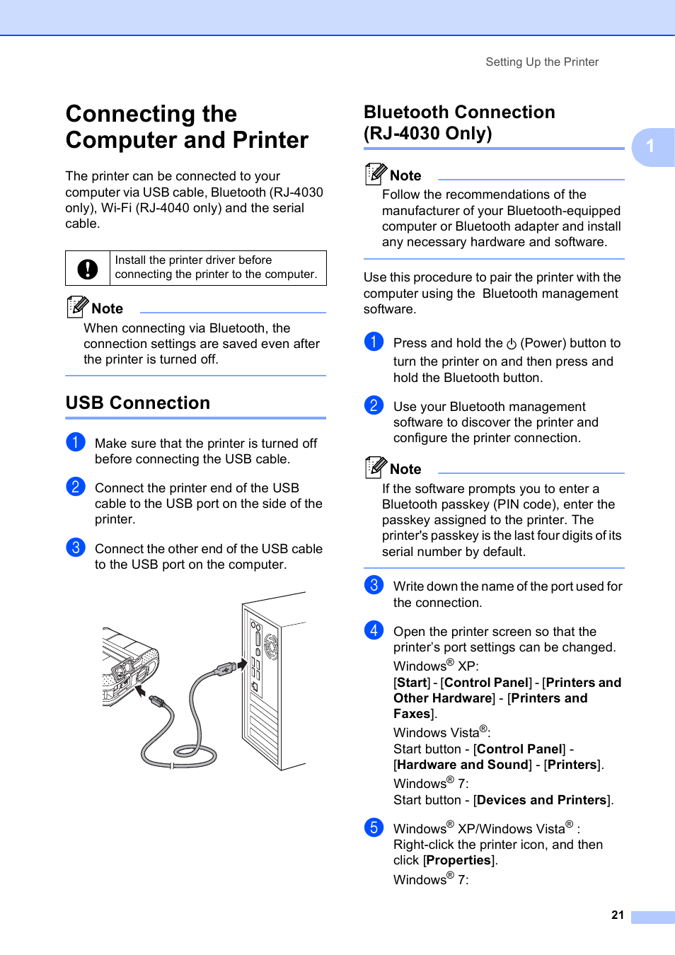 Connecting the computer and printer, Usb connection, Bluetooth connection (rj-4030 only) | Usb connection bluetooth connection (rj-4030 only) | Brother RJ-4040 User Manual | Page 25 / 62