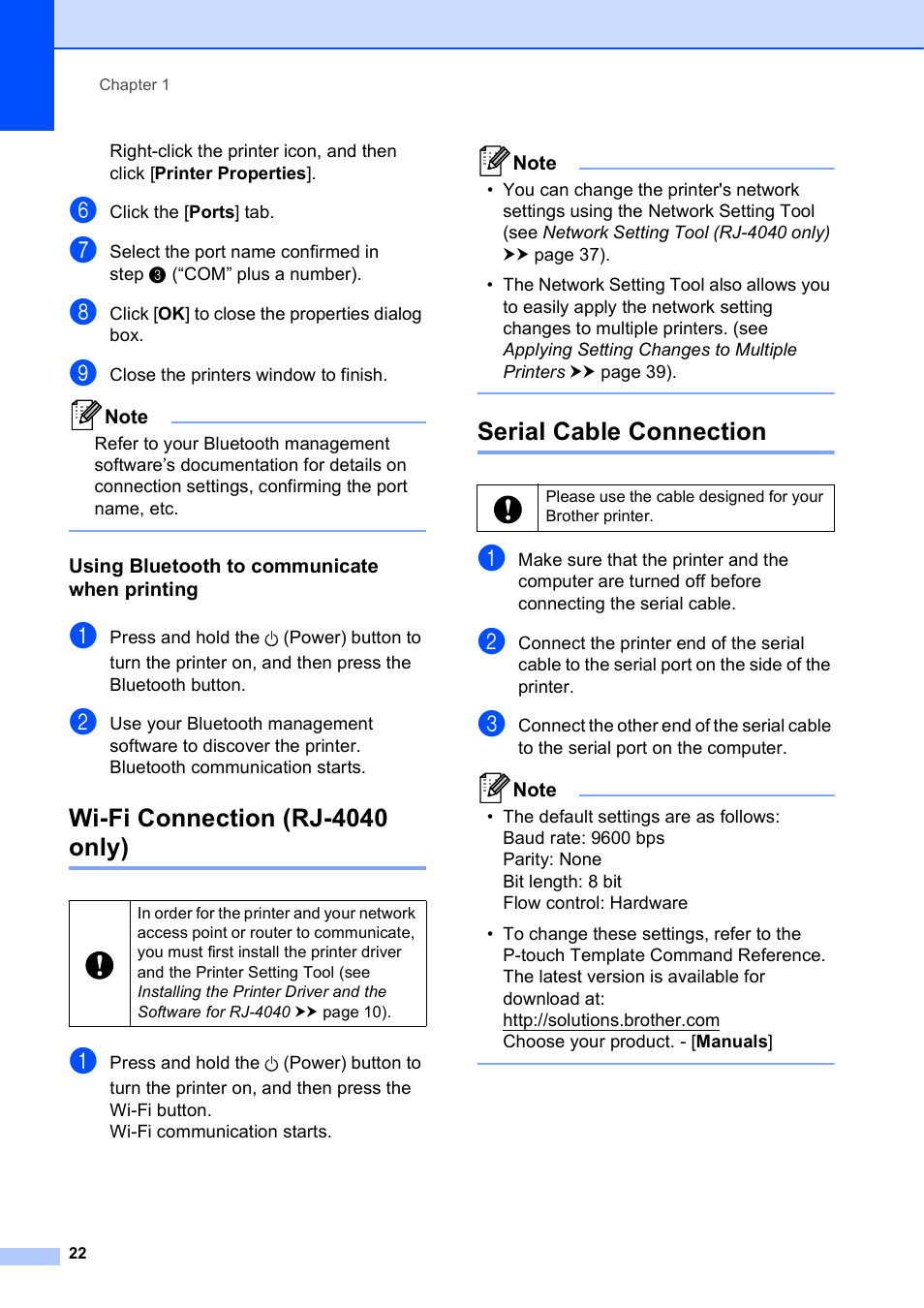 Using bluetooth to communicate when printing, Wi-fi connection (rj-4040 only), Serial cable connection | Brother RJ-4040 User Manual | Page 26 / 62