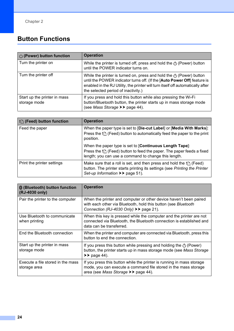 Button functions | Brother RJ-4040 User Manual | Page 28 / 62