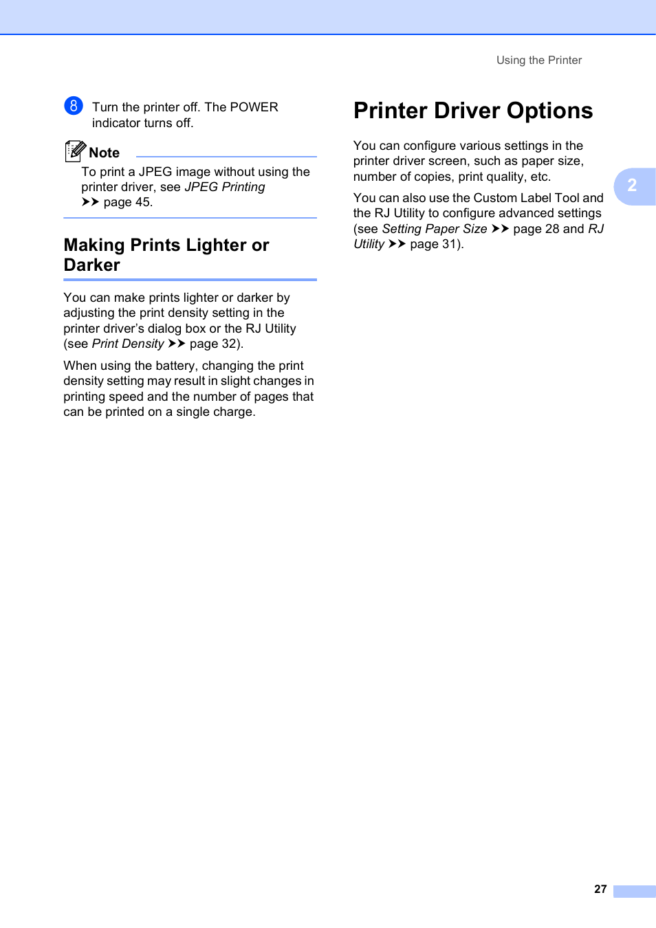 Making prints lighter or darker, Printer driver options | Brother RJ-4040 User Manual | Page 31 / 62