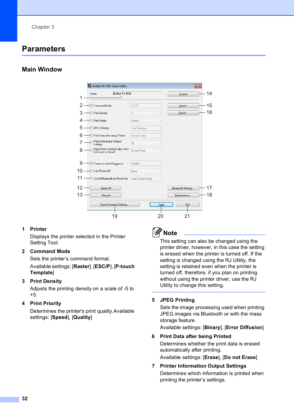 Parameters, Main window | Brother RJ-4040 User Manual | Page 36 / 62