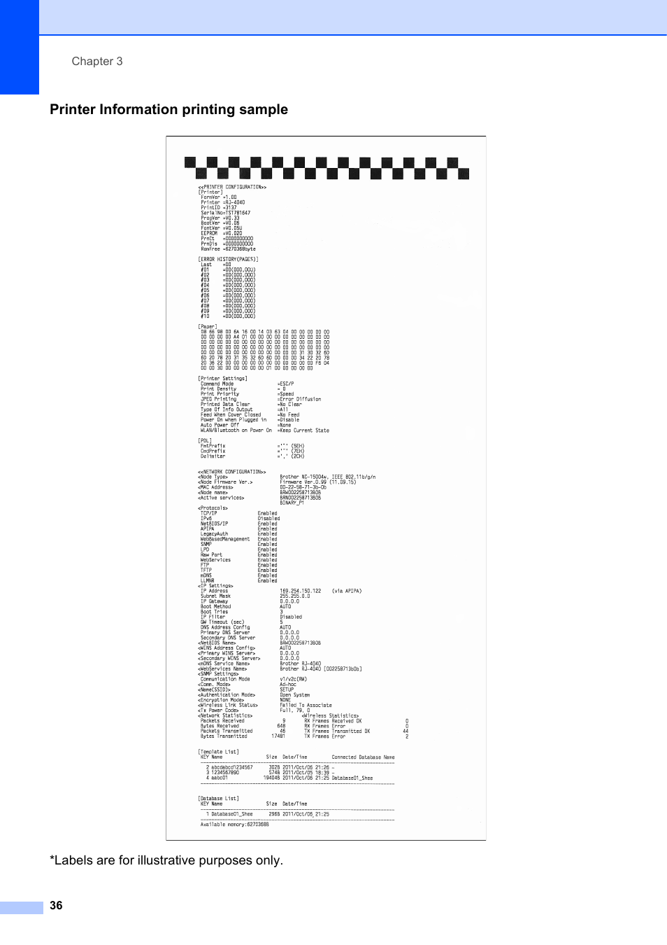 Printer information printing sample, Labels are for illustrative purposes only | Brother RJ-4040 User Manual | Page 40 / 62