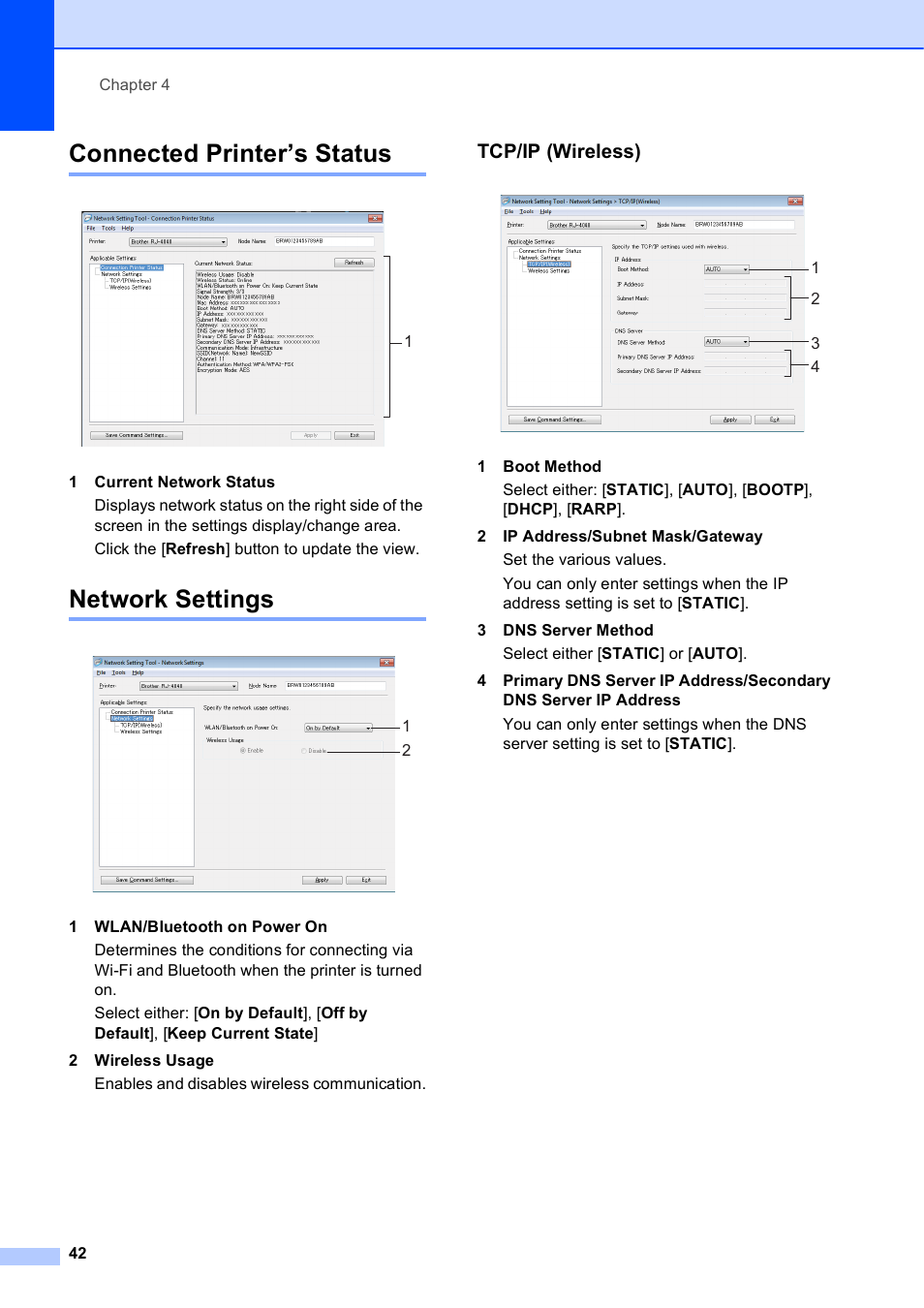 Connected printer’s status, Network settings, Tcp/ip (wireless) | Connected printer’s status network settings | Brother RJ-4040 User Manual | Page 46 / 62