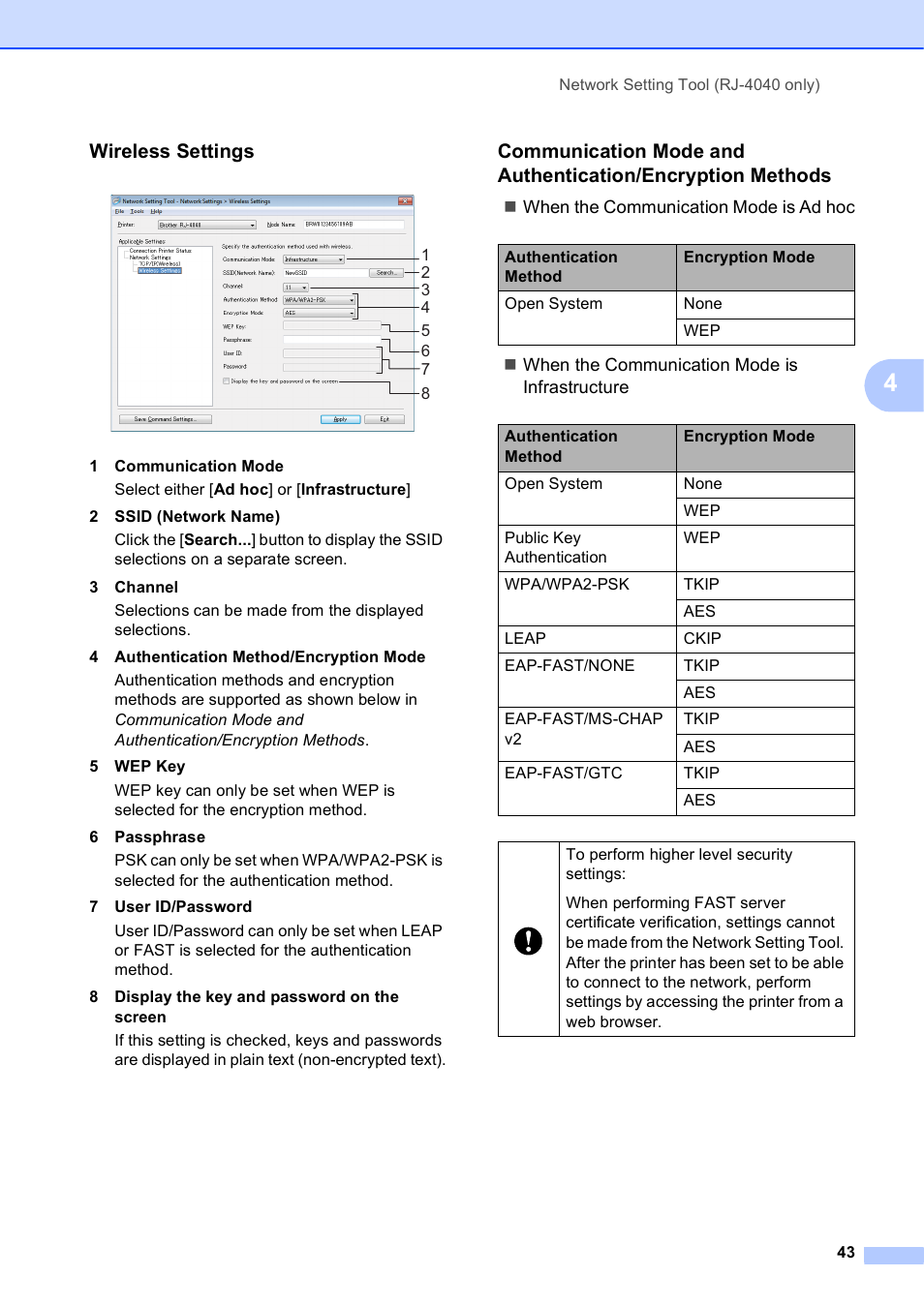 Wireless settings | Brother RJ-4040 User Manual | Page 47 / 62