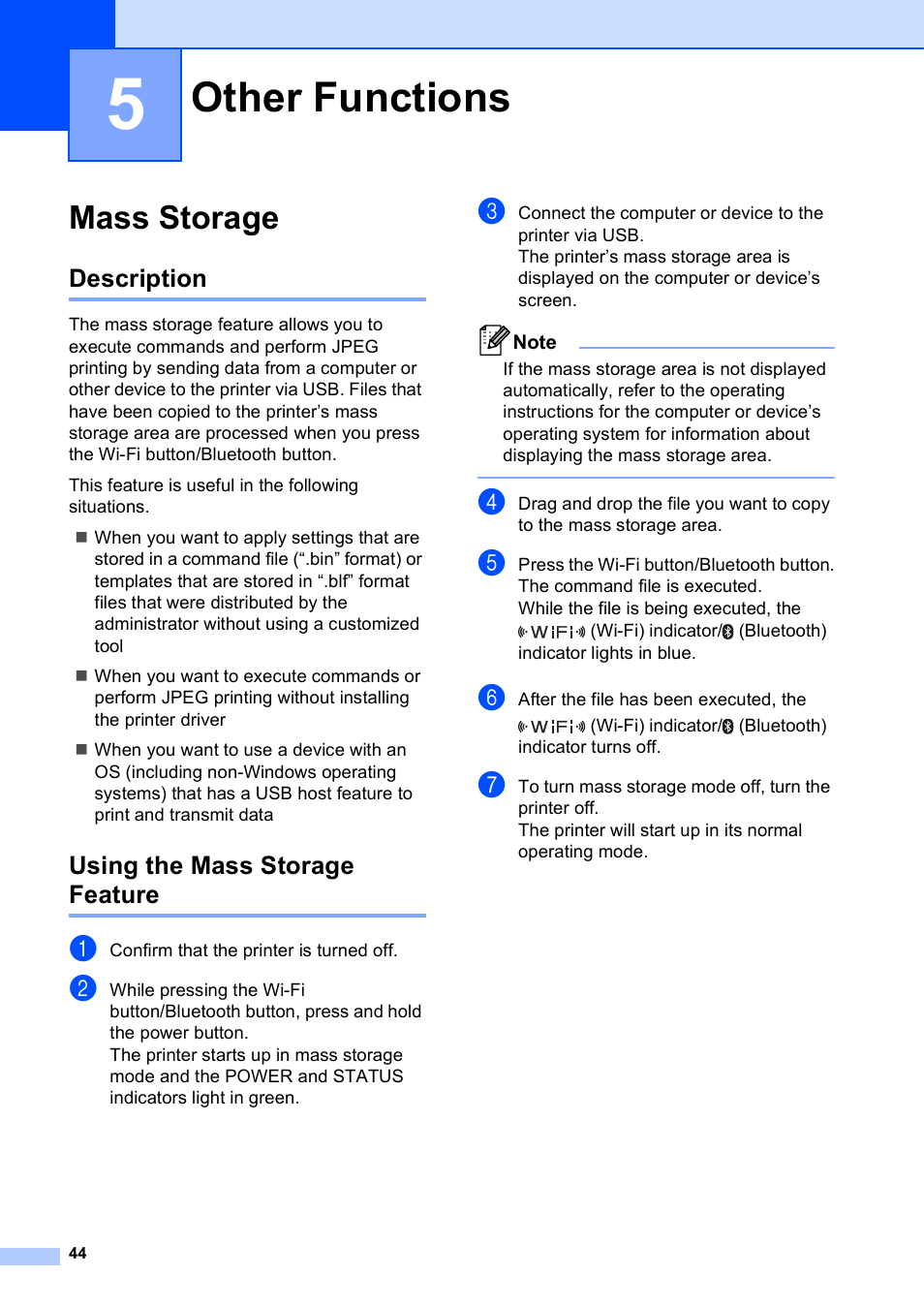 5 other functions, Mass storage, Description | Using the mass storage feature, Other functions, Description using the mass storage feature, Mass storage uu, Ee mass storage | Brother RJ-4040 User Manual | Page 48 / 62