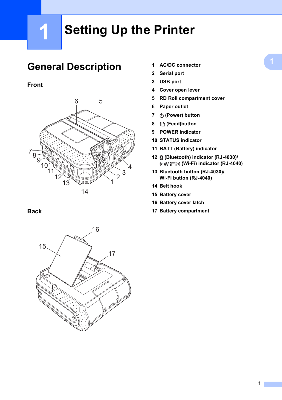 1 setting up the printer, General description, Setting up the printer | Brother RJ-4040 User Manual | Page 5 / 62