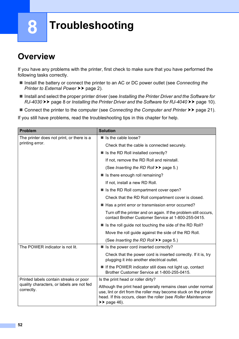 8 troubleshooting, Overview, Troubleshooting | Brother RJ-4040 User Manual | Page 56 / 62