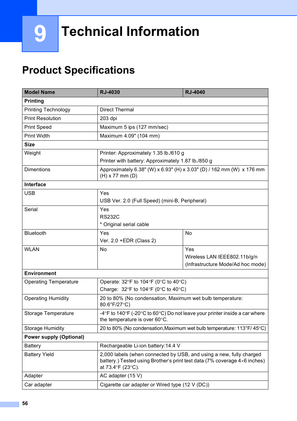 9 technical information, Product specifications, Technical information | Brother RJ-4040 User Manual | Page 60 / 62