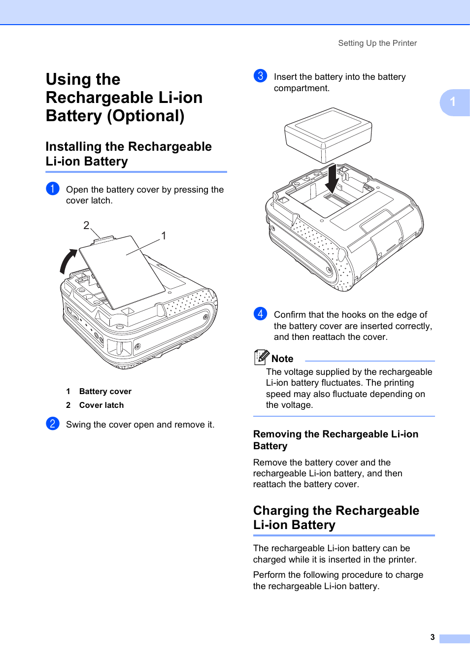 Using the rechargeable li-ion battery (optional), Installing the rechargeable li-ion battery, Removing the rechargeable li-ion battery | Charging the rechargeable li-ion battery | Brother RJ-4040 User Manual | Page 7 / 62