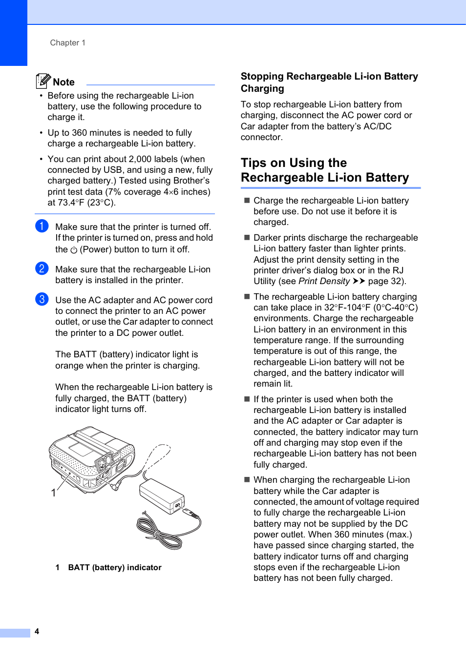 Stopping rechargeable li-ion battery charging, Tips on using the rechargeable li-ion battery | Brother RJ-4040 User Manual | Page 8 / 62