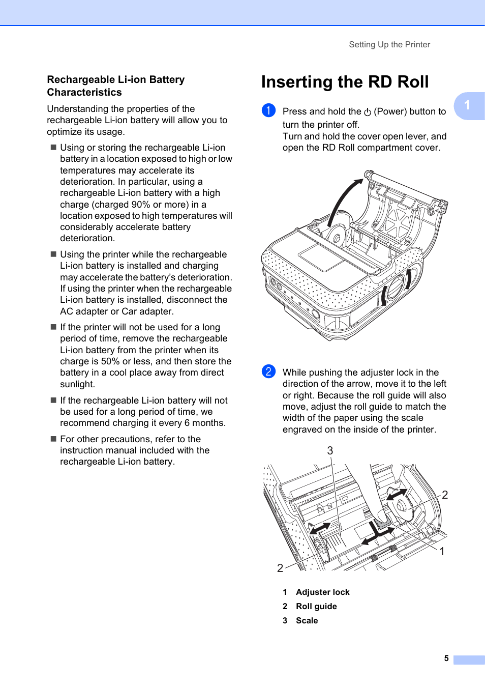 Rechargeable li-ion battery characteristics, Inserting the rd roll | Brother RJ-4040 User Manual | Page 9 / 62
