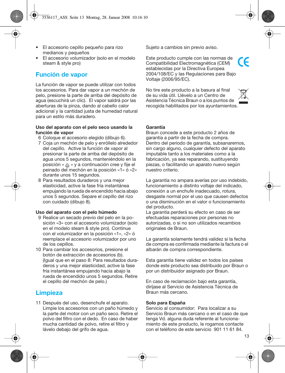 Función de vapor, Limpieza | Braun ASS1000 Steam & Style Pro User Manual | Page 12 / 58